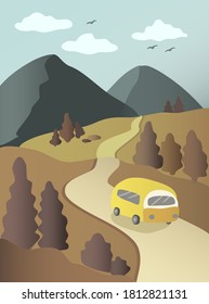 
vector illustration autumn landscape with mountains and bus