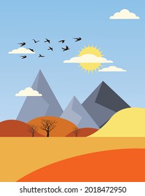 vector illustration autumn landscape mountains are trees without leaves birds fly away to warmer climes