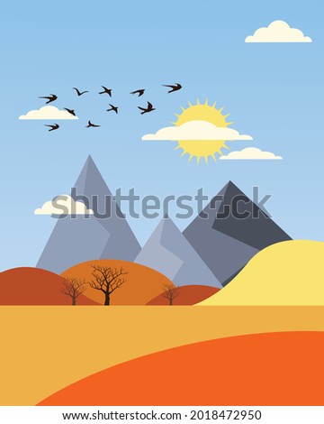 vector illustration autumn landscape mountains are trees without leaves birds fly away to warmer climes
