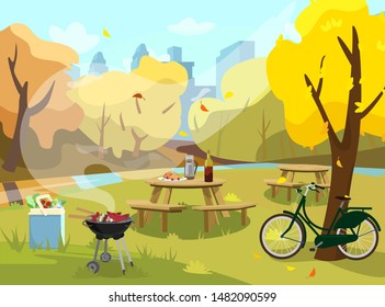 Vector illustration of autumn landscape in park. Picnic table with sandwiches, thermos and wine. Barbecue with food and cooler bag with products. Bike near tree. City at the background. Flat style.