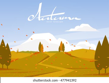 Vector illustration: Autumn  landscape with road, trees, hills.