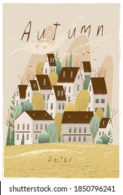 Vector illustration. Autumn landscape, small European town. Background image, postcard, poster.