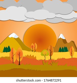 Vector illustration of an autumn landscape in the style of cut paper, the concept of preserving the environment.