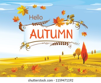 Vector illustration. Autumn landscape with trees and fall leaves