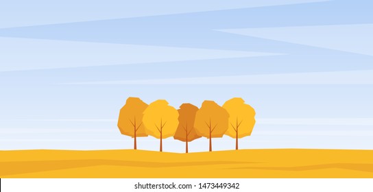 Vector illustration: Autumn landscape with trees on yollow field.