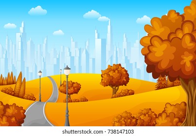 Vector illustration of Autumn landscape with trees and town buildings