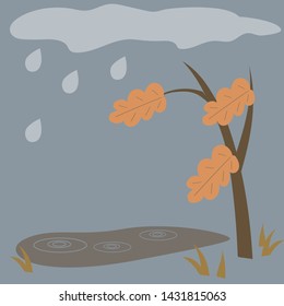 Vector illustration of autumn landskape with tree,falling leaves and pudle.Rainy weather.Isolated elements.Background for card,bnner, website
