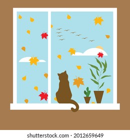 Vector illustration. Autumn, leaf fall of yellow and red leaves, sun behind clouds, birds flying to south, cat and plants in ceramic pots on the window sill at home. 