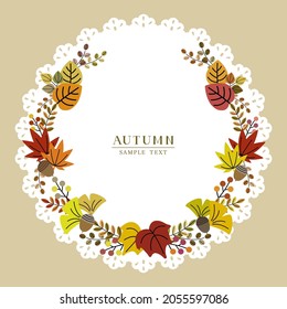 Vector illustration of autumn leaf wreath on lace background