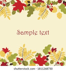 Vector illustration of autumn leaves background in seasonal warm yellow colors. Can be used as a banner or card. 