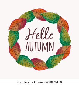 Vector illustration with autumn leaves frame and typography text "Hello Autumn" 