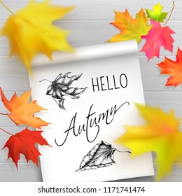 Vector illustration with autumn leaves of maple and album with hand painted leaves and text Hello Autumn. Photorealistic leaves big, small, blurry.