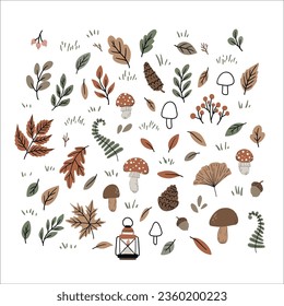 Vector illustration with autumn leaves and mushrooms. Composition for a poster or postcard.