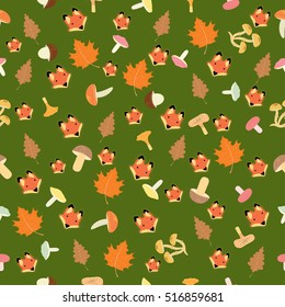 Vector illustration of autumn leaves mushrooms and foxes seamless pattern