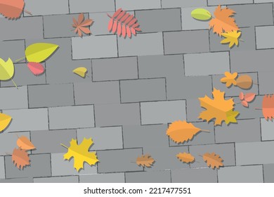 Vector illustration. Autumn leaves on the concrete pavement. Top view.