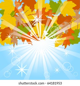 vector illustration of autumn leaves on blue sky background. eps10