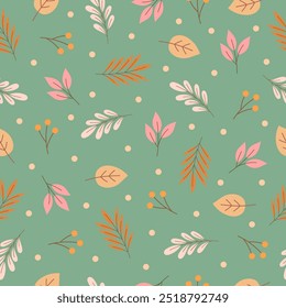 Vector Illustration Autumn Leaves Seamless Pattern with Green Background