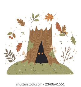 Vector illustration with autumn leaves and a tree with glowing eyes inside. Perfect for adding fall magic to cards, posters and stickers.