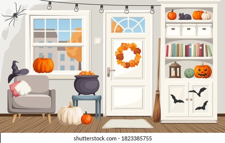 Imagen vectorial de la sala de estar de otoño decorada para Halloween.