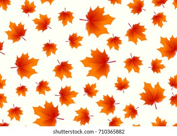 Vector illustration of autumn maple leaves seamless background on light background with slight shadows in flat color style