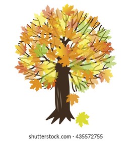Vector illustration of autumn maple tree with falling leaves