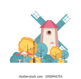 vector illustration of an autumn mill with trees on a white background