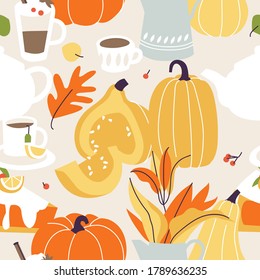 Vector illustration autumn mood. Fall season items background. Forest dried leaves, pumpkins, berries, hot drinks decorative composition. Seamless pattern