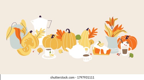 Vector illustration autumn mood. Fall season items background. Forest dried leaves, pumpkins, berries, hot drinks decorative composition