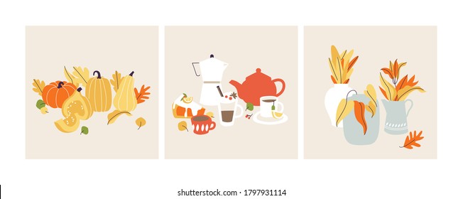 Vector illustration autumn mood. Fall season items background. Forest dried leaves, pumpkins, berries, hot drinks decorative composition