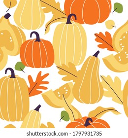 Vector illustration autumn mood. Seamless pattern. Fall season items background. Forest dried leaves, pumpkins, berries decorative texture