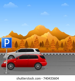 Vector illustration of Autumn mountains landscape with parking zone sign and two car