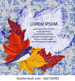 Vector illustration with autumn multicolored leaves on a blue background. It can be used for invitation, wrapper, poster, sale, greeting card, banner - back to school.