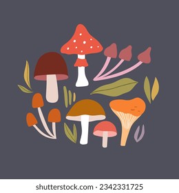 Vector illustration with autumn mushrooms. Beautiful autumn print with mushrooms.