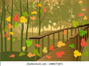 Vector illustration of autumn nature bridge wood forest fall leaves multi-colored