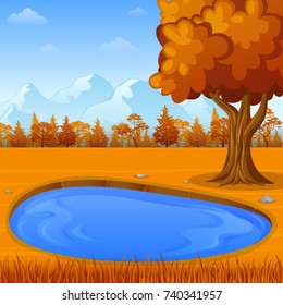 Vector illustration of Autumn nature landscape with mountains and water pond
