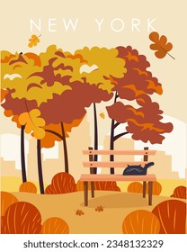 Ilustración vectorial. Otoño en Nueva York. Afiche del otoño. Diseño para banner, afiche, postal.