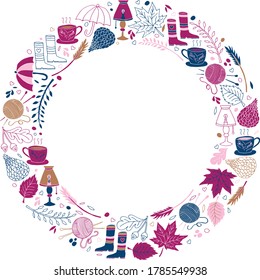 Vector illustration of autumn objects for banner, poster, calendar, clothes, advertisement design. Round pattern for template, background, billboard, print. Doodle handmade drawing
