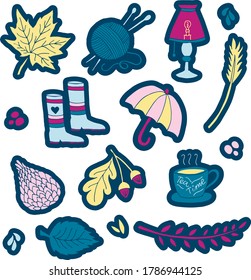 Vector illustration of autumn objects for banner, sticker, poster, flyer, calendar, clothes, advertisement design. Pattern for template, background, billboard, print. Doodle drawing

