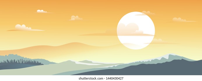 Vector illustration of Autumn panorama landscape with orange sky and cloud with the sun behind mountain, Beautiful sunset in Autumn with panorama view,Fall season with copy space for banner background