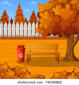 Vector illustration of Autumn park bench under the tree with trash bin 