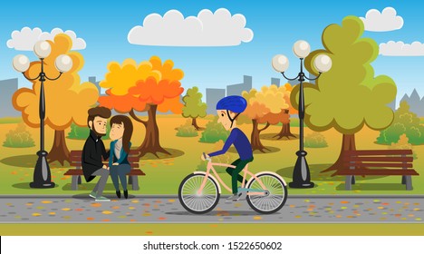 Vector illustration of an autumn park. A loving couple sits on a bench, a cyclist rides past them. Trees with yellowed leaves in the background