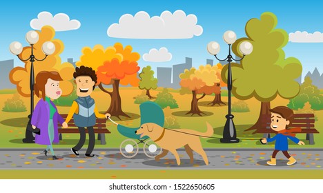 Vector illustration of an autumn park. Married couple walking with a stroller, a boy walking a dog. Trees with yellowed leaves in the background