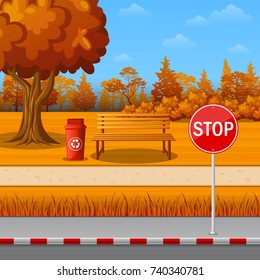Vector illustration of Autumn park with stop sign on town roadside and bench