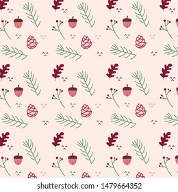 Vector illustration of an autumn pattern cones, mushrooms, autumn leaves, branches. Limited color palette.
