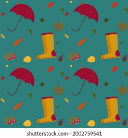 Vector illustration of autumn pattern with rubber boots, umbrella and autumn leaves