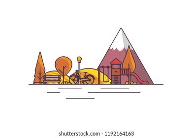 Vector illustration: Autumn playgound landscape with mountains lake, trees and fall leaves 