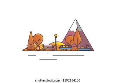 Vector illustration: Autumn playgound landscape with mountains lake, trees and fall leaves 