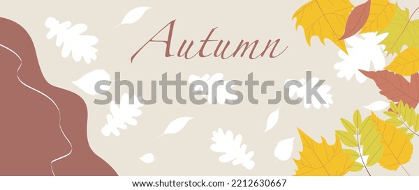 Vector\
illustration. Autumn poster or banner template. The picture shows\
leaves on a light yellow background. Vector illustration for\
postcard, shop, invitation,\
discount.