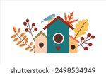 Vector illustration of autumn print with cute doodle bird on birdhouse and colored leaves . Autumn set of hand drawn cute cozy design elements. Fall, Thanksgiving Day, Autumn season.