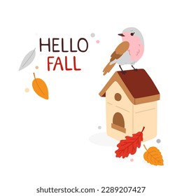 Vector illustration of autumn print with cute doodle bird on birdhouse and colored leaves